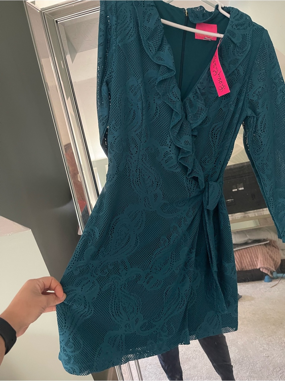 Women's Teal Lace Wrap Dress romper with Ruffle Trim